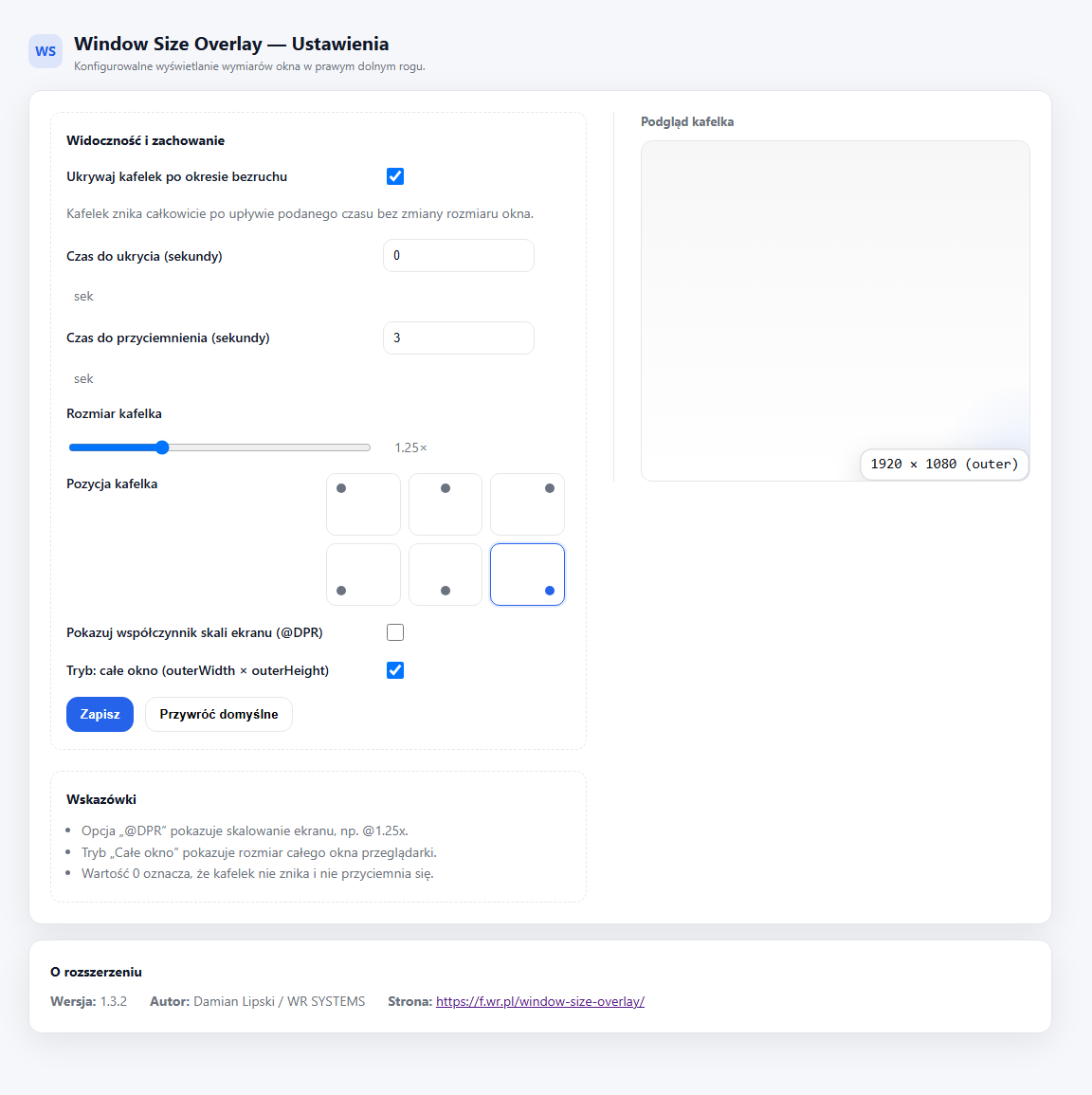 Podgląd działania wtyczki Window Size Overlay